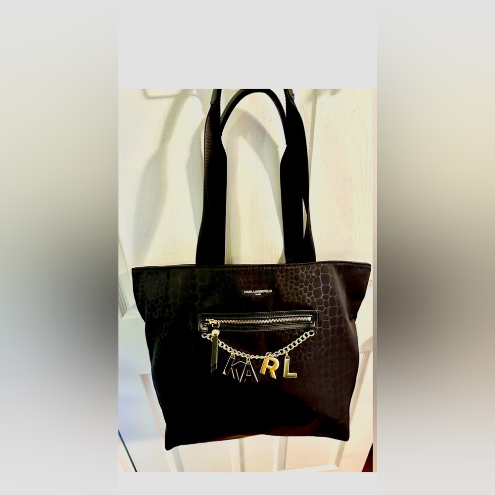 Karl Lagerfeld Black Textured Tote with Gold Accents